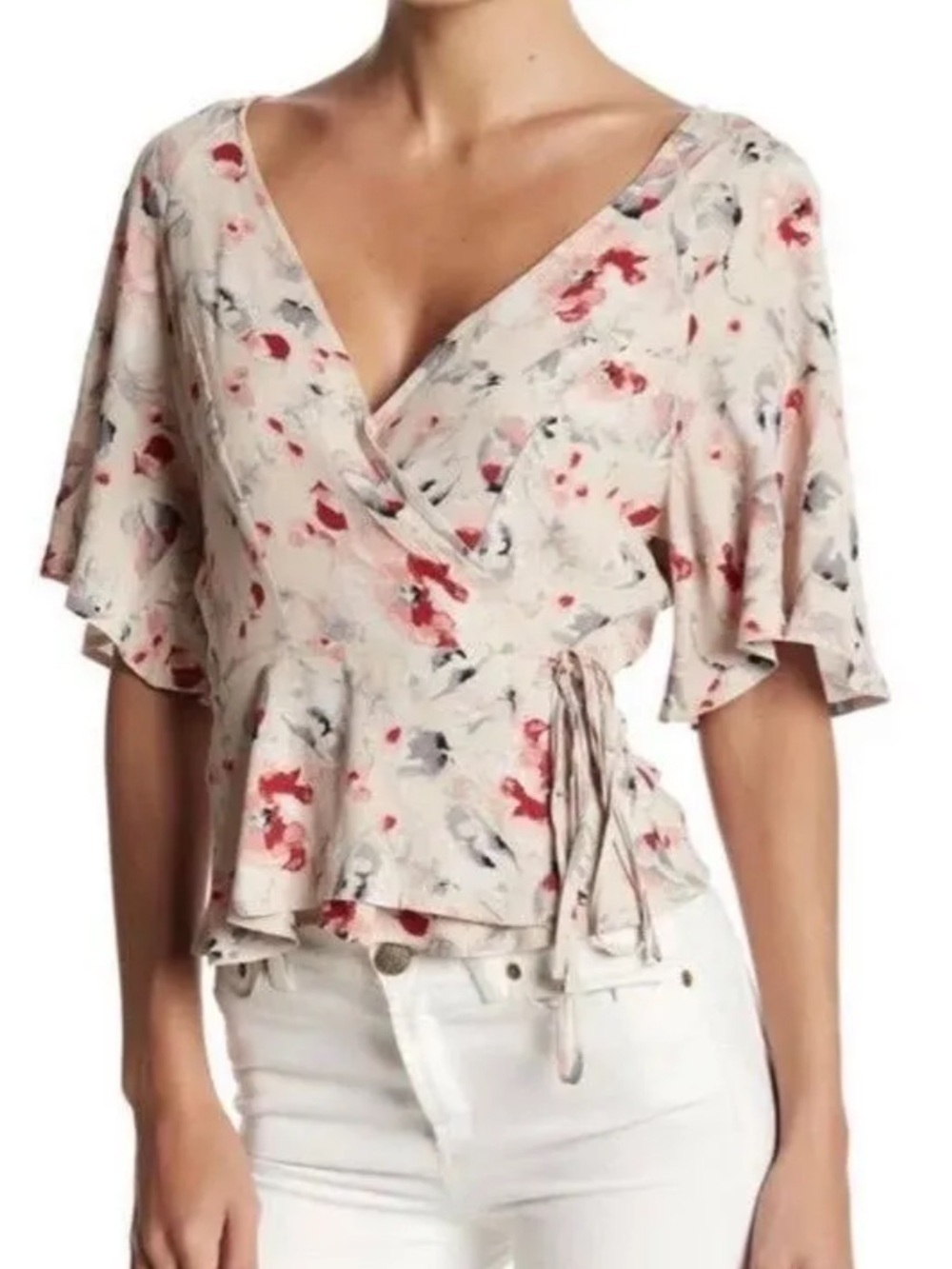 ASTR The Label Tie Wrap Floral Short Sleeve Top
